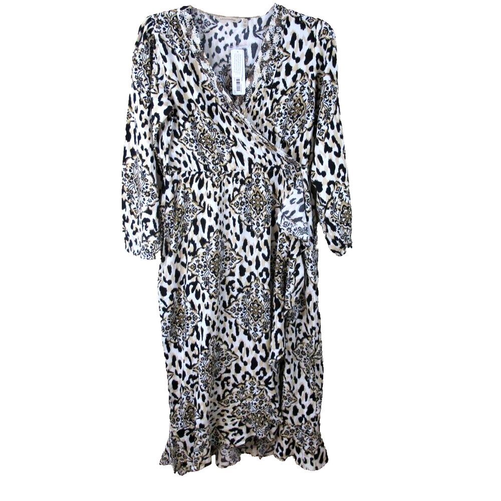 Soft Surroundings V-Neck Priyani Midi Dress Women's Medium Floral/Leopard Print